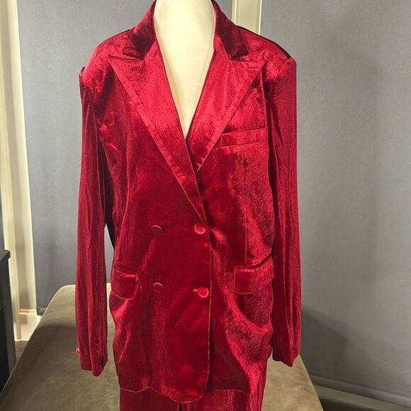Women’s Red Velvet Double Breasted 2-Piece Pantsuit Peak Lapel Size L NWOT - Picture 2 of 15
